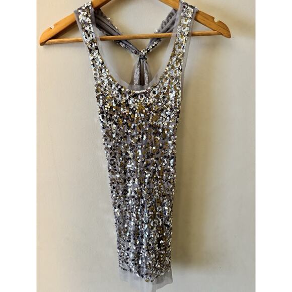 Sequin Mesh Cross Back Sleeveless silver XS Swiftie Reputation Indie Sleaze Y2K - Picture 10 of 11